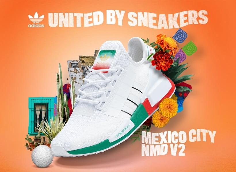 کفش جدید NMD با توپ گلف در زمینه نارنجی همراه با المانهای کشور مکزیک و نام  برند و مدل کفش در کناره تصویر